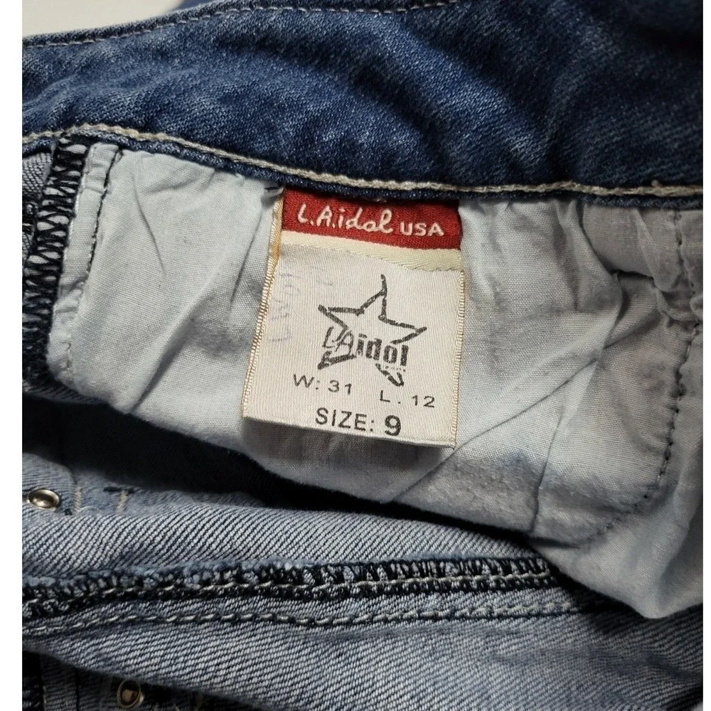 LA Idol USA Womens Distressed Denim Shorts Wing Rhinestone Studded Blue Size 9